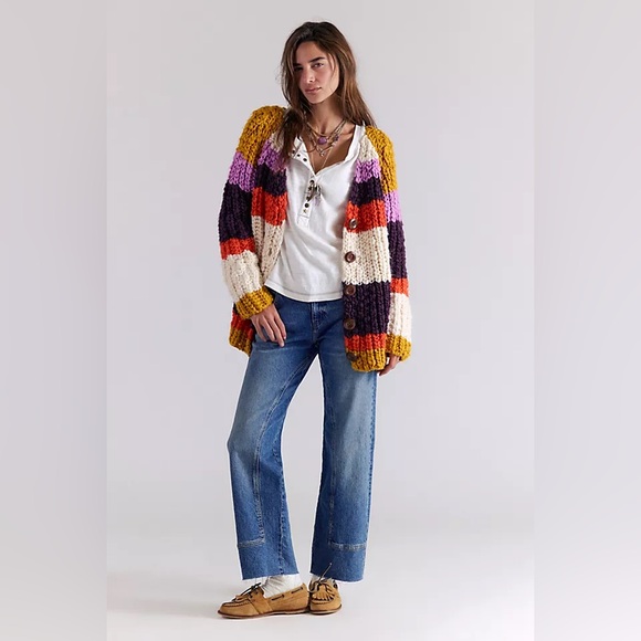 FP Free People Myles Stripe Cardi - Chunky Knit Cardigan Sweater - Picture 3 of 3